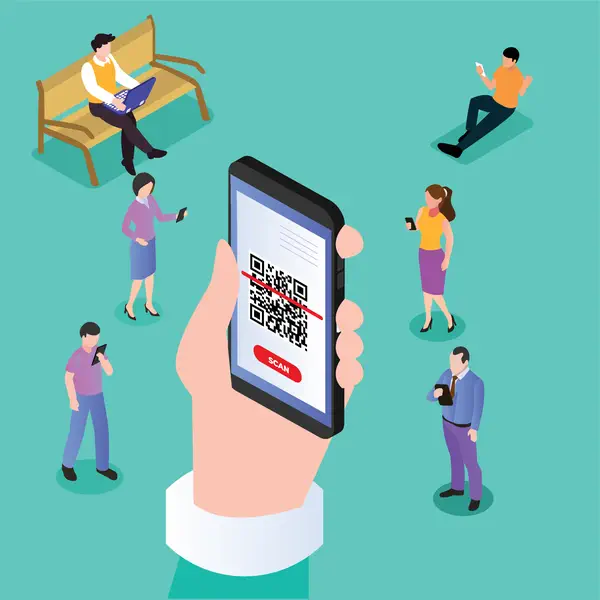 Auf der Zeichnung sehen Sie mehrere Menschen, die sich QR-Codes auf ihren Smartphones anschauen.