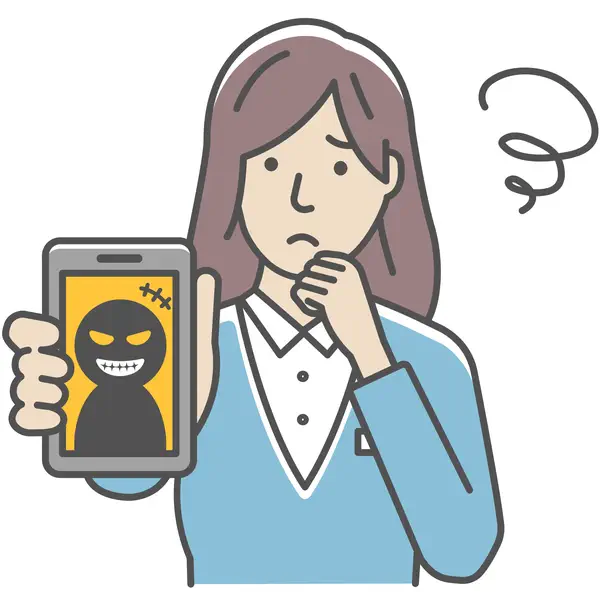 Symbolgrafik: Eine verunsicherte Frau, die einen Gauner auf dem Smartphone-Bildschirm zeigt.